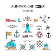 Summer line icon set Nautical design elements in retro tattoo