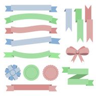 Set flat color ribbons badges bookmarks and bow Blue green