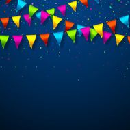 Colorful bunting flags with confetti festive background