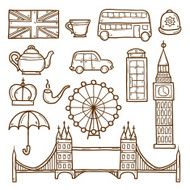 Set of cute hand drawn cartoon objects on London theme N3