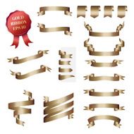 set of gold ribbon and badge on white background