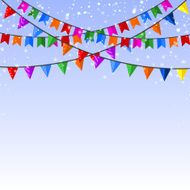 Winter blue background with a garland of paper flags