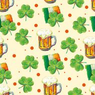 Seamless pattern with beer glasses green clover and Irish flag