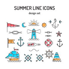 Summer line icon set Nautical design elements in retro tattoo