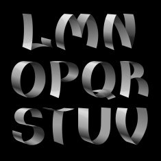 Set of isolated shiny metallic ribbon font L-V letters