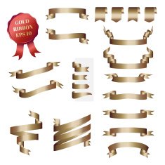 set of gold ribbon and badge on white background