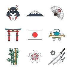 colored outline various japan icons set