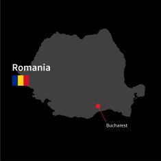Detailed map of Romania and capital city Bucharest with flag
