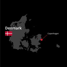 Detailed map of Denmark and capital city Copenhagen with flag