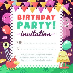Birthday party funny space invitation with cartoon aliens and monsters N2