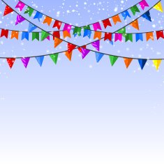 Winter blue background with a garland of paper flags