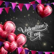 Valentine&#039;s Day label on blackboard with balloon hearts and flags