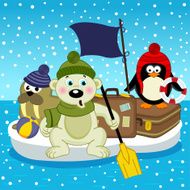 polar bear walrus penguin travel on floe