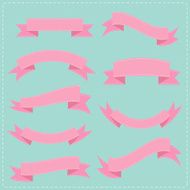 Pink vintage ribbon set different shape Blue background Flat design