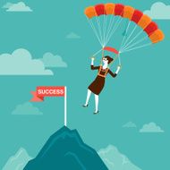Parachuting Businesswoman Landing on Mountain Peak