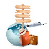 Two travel suitcases plane globe and a direction sign