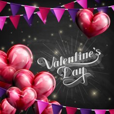 Valentine's Day label on blackboard with balloon hearts and flags