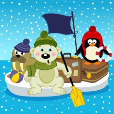 polar bear walrus penguin travel on floe
