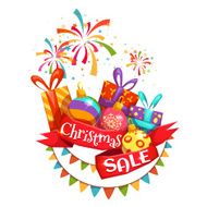 Christmas sale banner with ribbon and firework Vector illustration