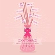 Breast Cancer Awareness pink flag ribbons sticks in vase jar