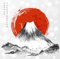 Fujiyama mountain and big red sun N4