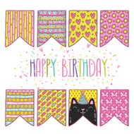 cute cartoon happy birthday holiday flags with cat N2