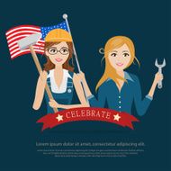 engineer woman character occupation with hammer and flag america