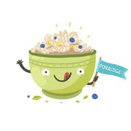 Cute porridge character smiling and holding a flag