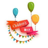 Red ribbon with Children Day title balloons and flags Vector N2