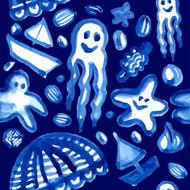 Handmade watercolor blue sea pattern N2