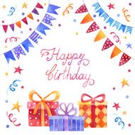 Birthday watercolor card with flags and gift boxes N2