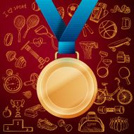 Hand drawn Fitness doodle set with Gold medal
