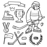Set of comic hand drawn ice hockey doodle sketches vector N2