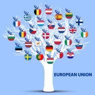 white tree with european union flags apples