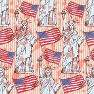 Sketch Statue of Liberty and flag vector seamless pattern N3