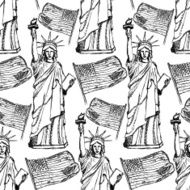 Sketch Statue of Liberty and flag vector seamless pattern N4