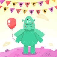 Birthday party funny space greeting card with cartoon alien (monster)