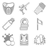 Black line icons vector collection of paintball equipment