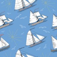 Seamless pattern with boats sun and birds