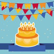 Vector holiday background with bright flags and birthday cake