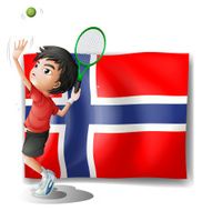 Boy playing tennis in front of the Bouvet Island flag