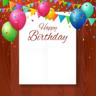happy birthday greeting card with balloons on wwod background