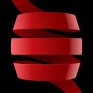 Red fabric glossy curved ribbon on black background N2