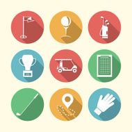 Flat colored vector icons for golf accessories