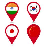 Map pin icons of national flags asian countries