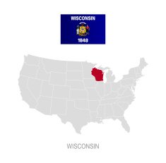 Flag of Wisconsin and location on U S map