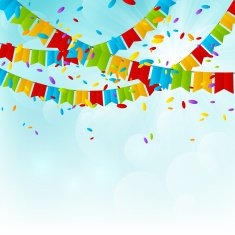 Color party flags on sky background