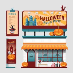 Vector restaurant halloween cafe set shop front design display