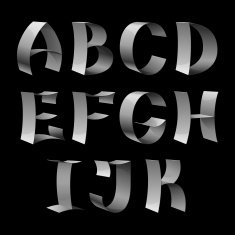 Set of isolated shiny metallic ribbon font A-K letters