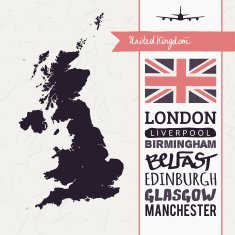 Vector set with map text flag plane United Kingdom